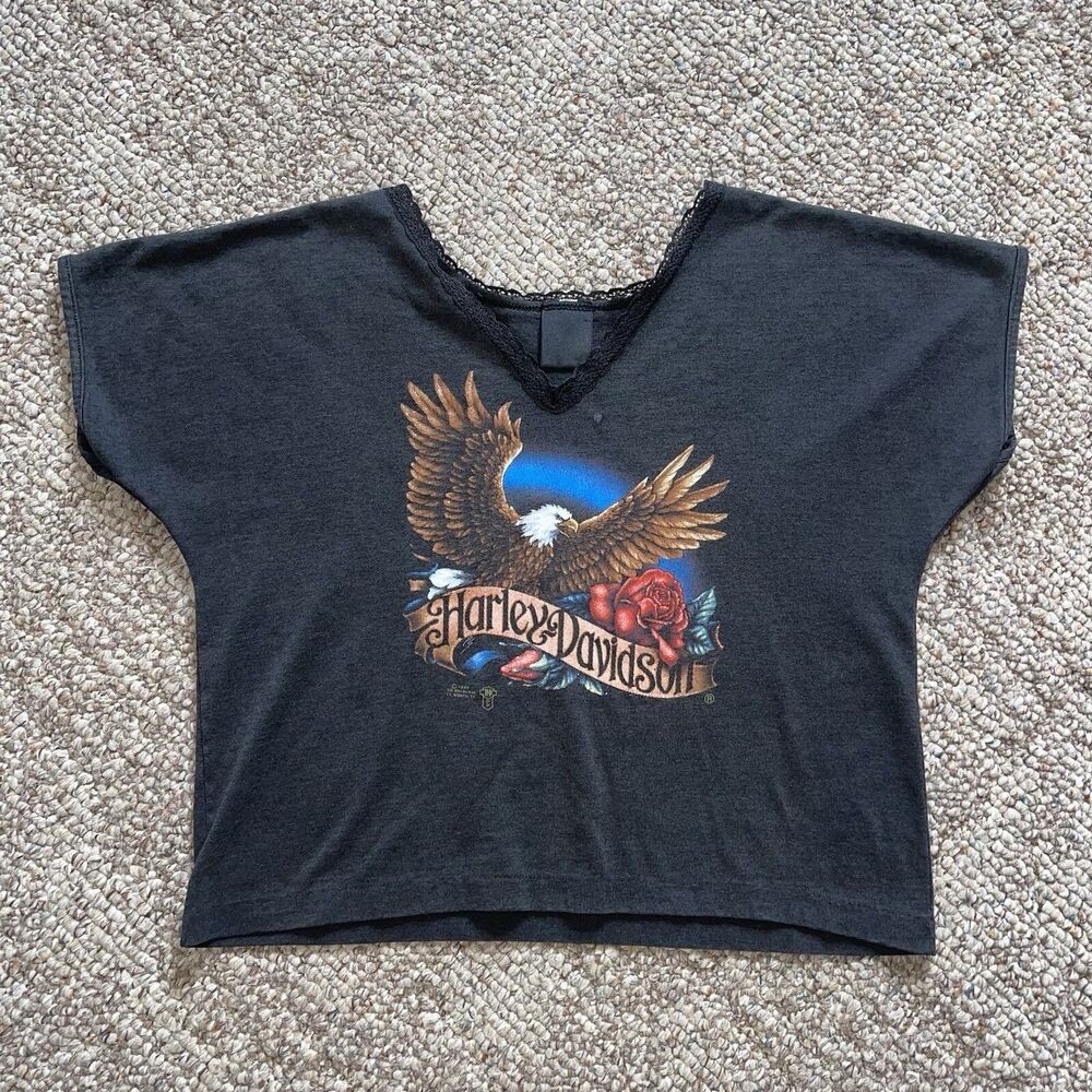 Vintage 1987 3D Emblem Harley Davidson Eagle Rose Shirt USA Womens Size Medium